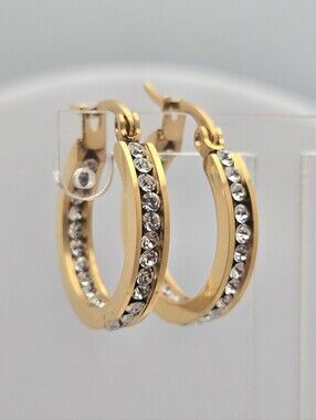 Steeltime 18K Gold Plated Stainless Steel Crystal Hoop Earrings New